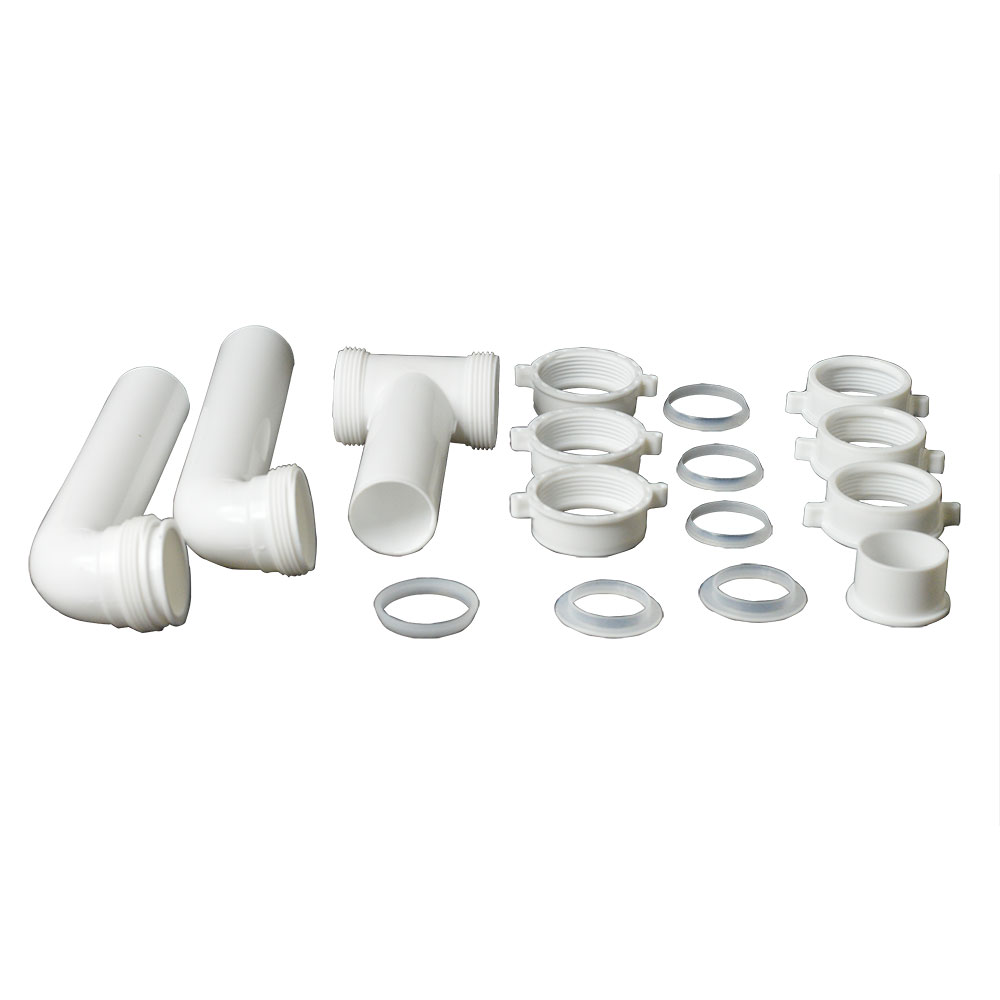 1677-T 1-1/2" PVC Center Outlet Tray Waste with Center Outlet Baffle Twin Elbow - (6) Slip Joint Nuts - (2) Direct Connect Gasket - (4) Slip Joint Washers