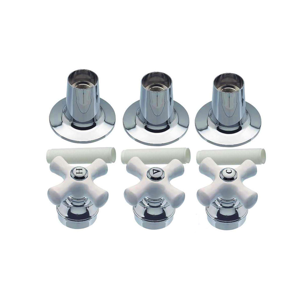 Tub/Shower 3-Handle Remodeling Trim Kit for Price Pfister - Porcelian Cross Handles (HOT/COLD/DIVERTER), Chrome Plated Flanges with Nipples - W03