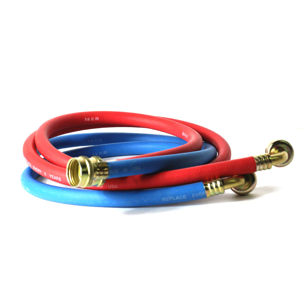 2746-T 5ft Reinforced Rubber Washing Machine Hose Set 1 Hot (Red) & 1 Cold (Blue) with 3/4 Inch GHT Connector x 3/4 Inch GHT 90° Elbow Connector - W02