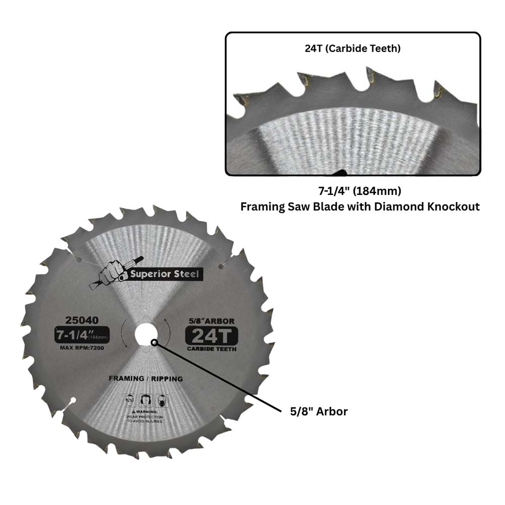 7" Dia, TCT 24 Teeth, 5/8" Arbor Woodworking Saw Blade with Diamond Knockout for Skil Saw - 75724W Irwin 14030 / 24030 / Freud D0724A / Dewalt DW3578B3 - W02