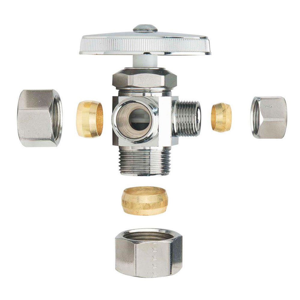 5604-T 5/8" Comp. x 1/2" Comp. x 1/4" Comp. Multi-Turn Dual Outlet Angle Stop Valve (4401204) - W02