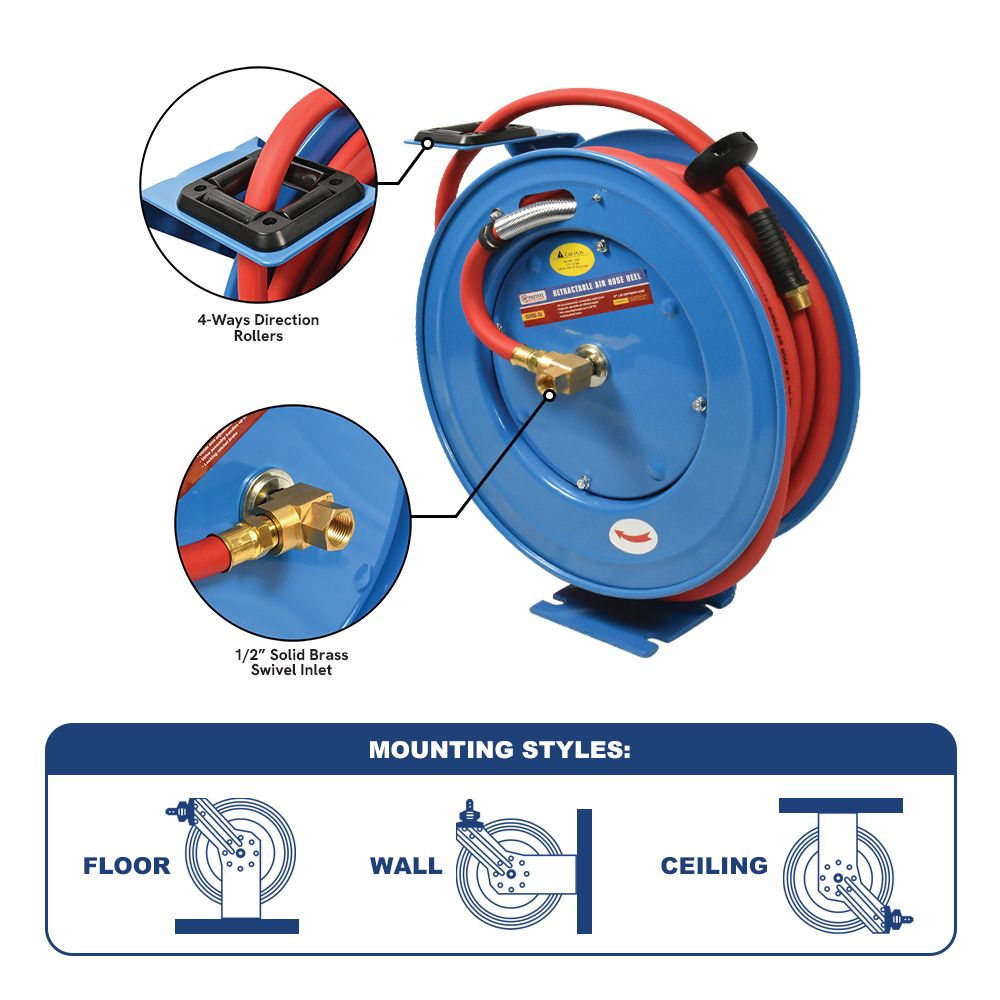 1/2" x 50FT Heavy Duty Retractable Rubber Air Hose Reel