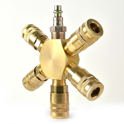 3/8" Brass Flat Hex Manifold w/5 x 1/4" Brass Industrial Couplers - W02
