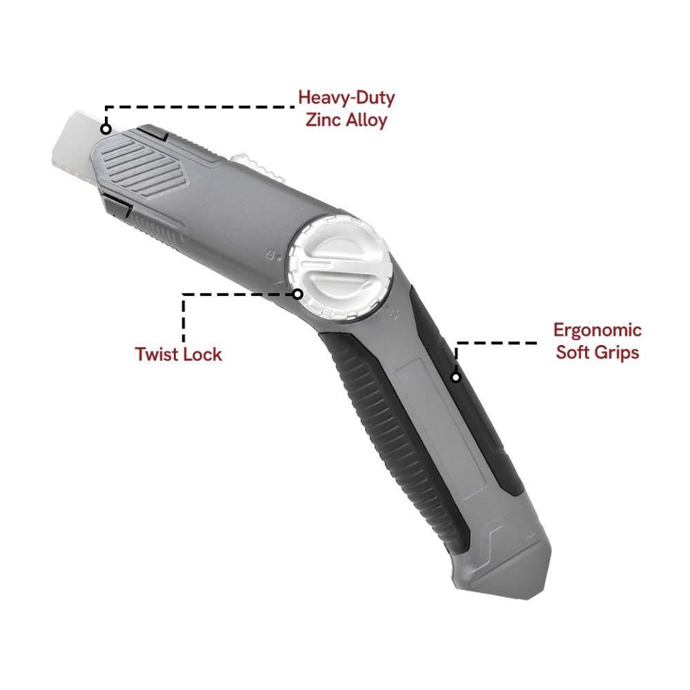 Carpet Knife Zinc Alloy & TPR Handle Fixed Blade For More Powerful Cutting Quick Change Blade Mechanism with 1 Blade On Head, 2 Spare Blades In The Knife Storage