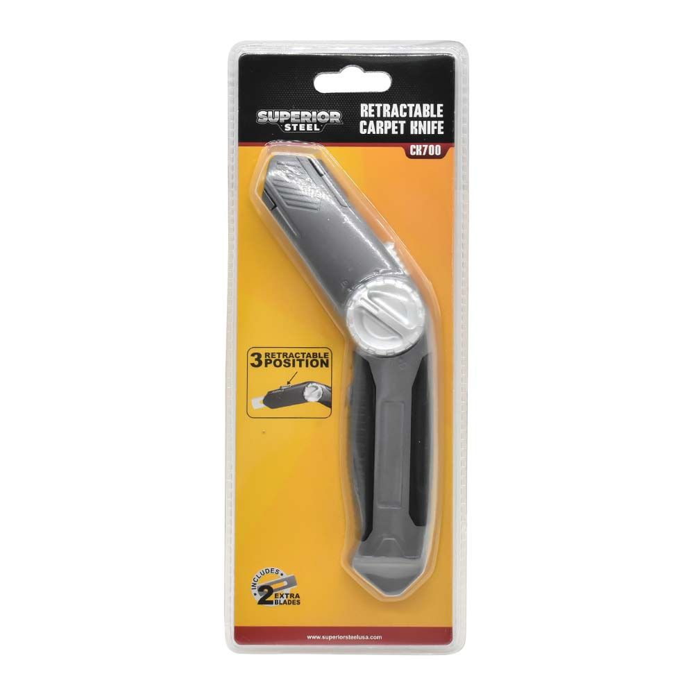 Carpet Knife Zinc Alloy & TPR Handle Fixed Blade For More Powerful Cutting Quick Change Blade Mechanism with 1 Blade On Head, 2 Spare Blades In The Knife Storage