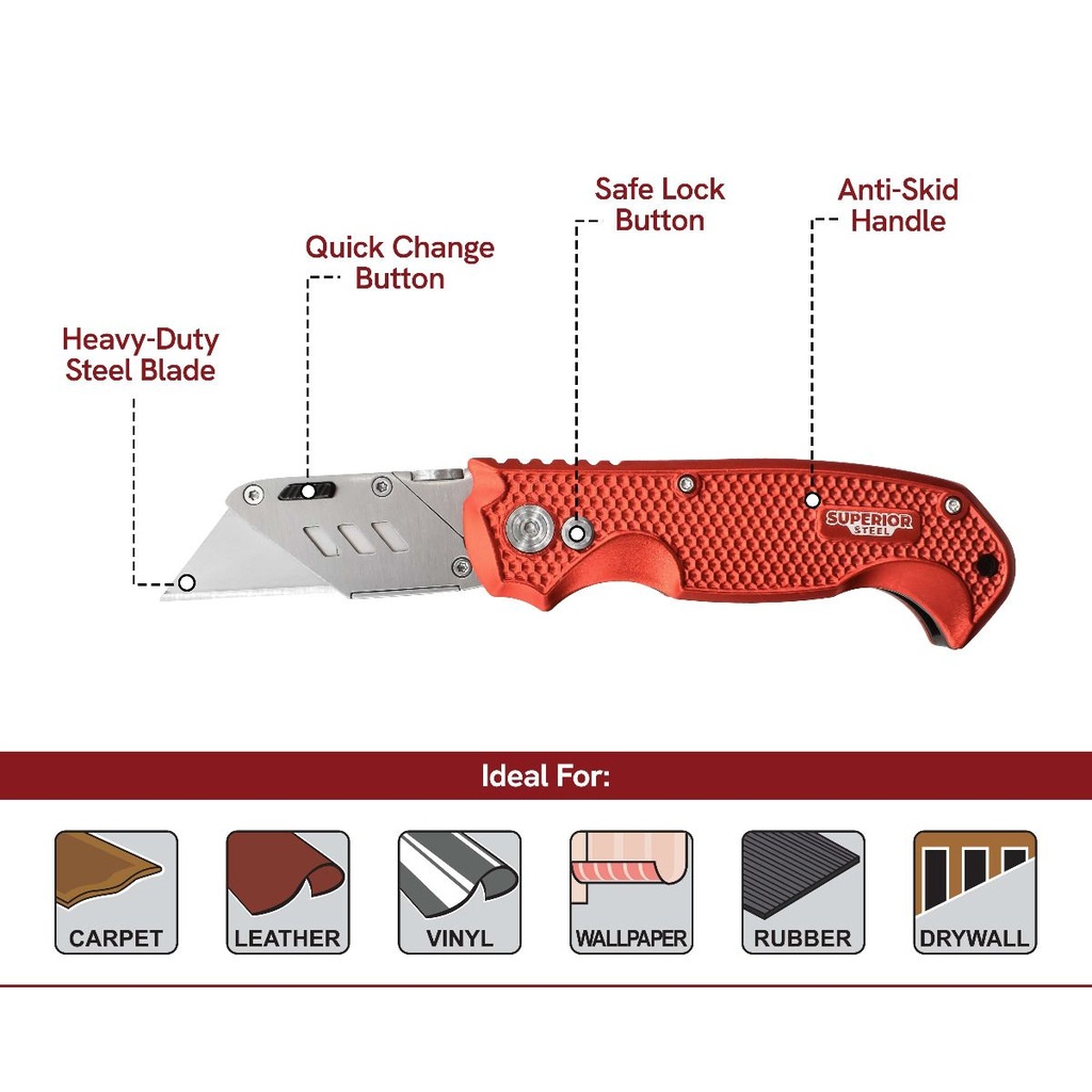 Folding Utility Knife - Aluminum Handle, Stainless Steel Housing With Safety Lock-Back System (Quick Change Blade Mechanism with 5 Replacements SK5 Blades)