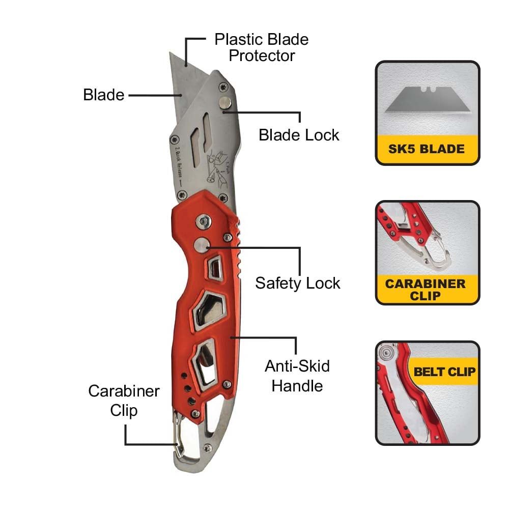 Heavy Duty Folding Utility Knife with Belt Clip - Red