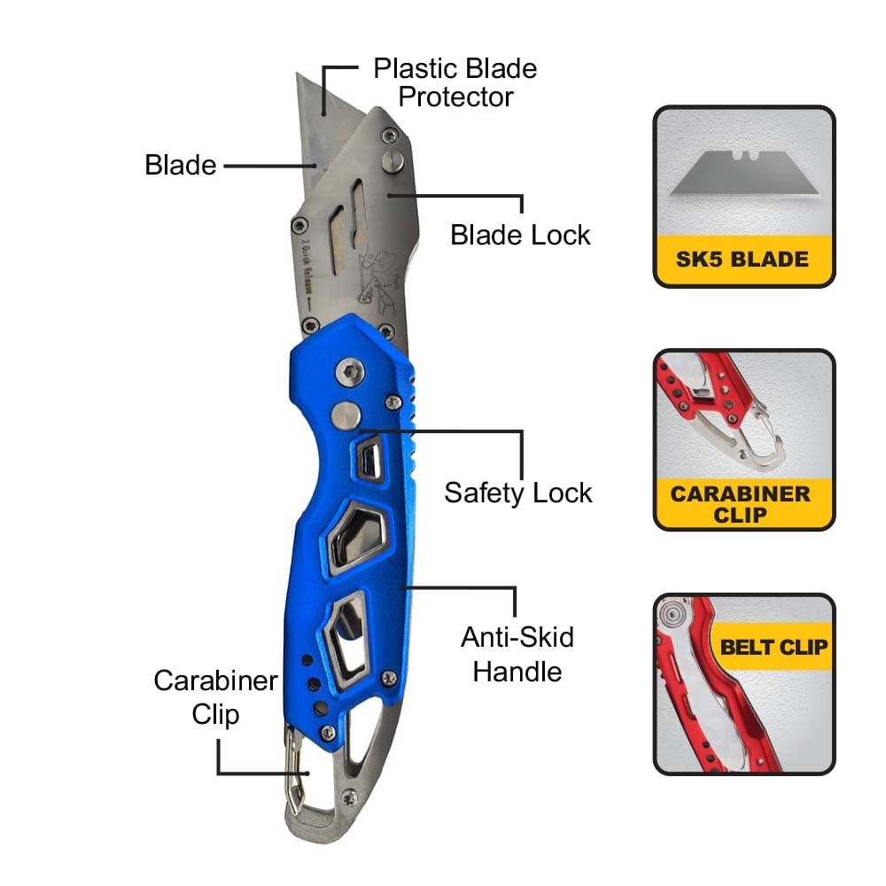 Heavy Duty Folding Utility Knife with Belt Clip - Blue