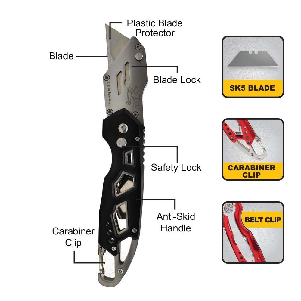 Heavy Duty Folding Utility Knife with Belt Clip - Black
