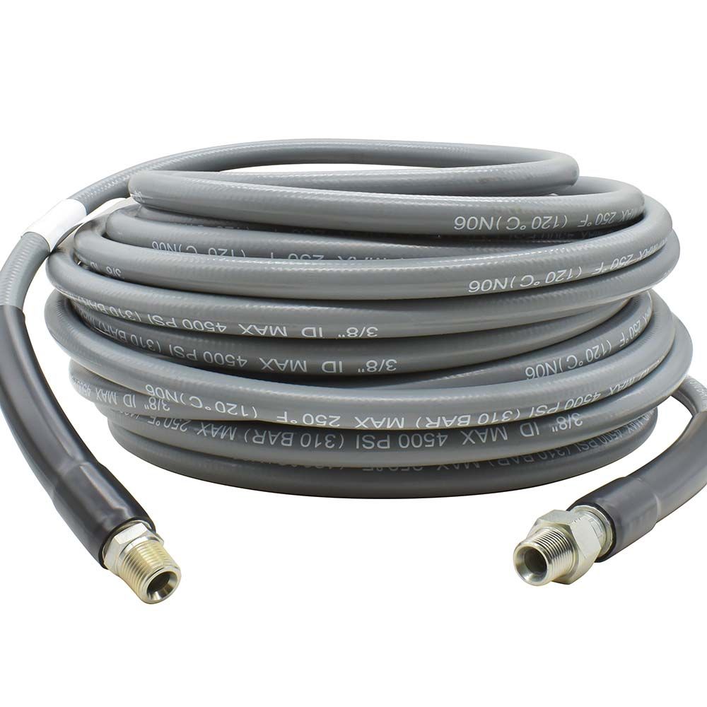 Pressure Washer Steel Braided Gray Rubber Hose – WP 4500 PSI - 3/8" x 100ft. - 3/8" MNPT Fixed & Swivel with Sleeve