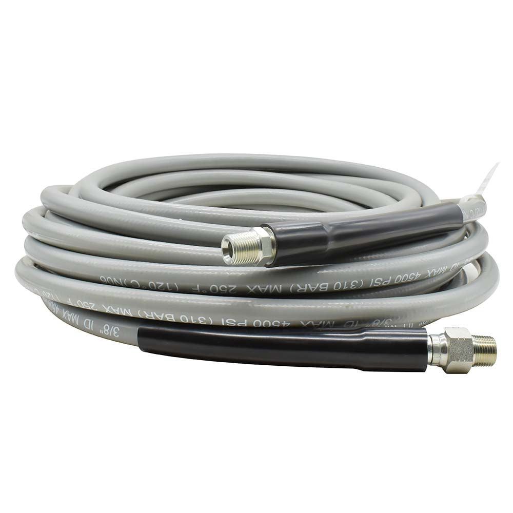 Pressure Washer Steel Braided Gray Rubber Hose – WP 4500 PSI - 3/8" x 50ft. - 3/8" MNPT Fixed & Swivel with Sleeve