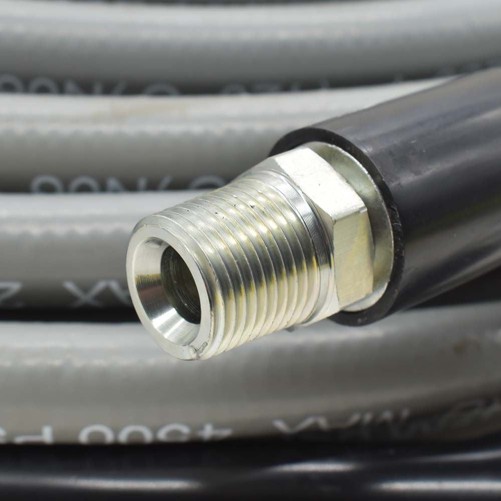 Pressure Washer Steel Braided Gray Rubber Hose – WP 4500 PSI - 3/8" x 50ft. - 3/8" MNPT Fixed & Swivel with Sleeve