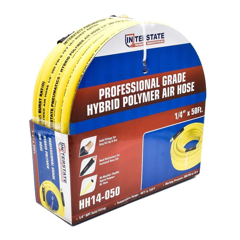 1/4" 50 ft Yellow Hybrid Polymer Hose With 1/4" Brass Industrial 6-Ball Coupler & Steel Plug