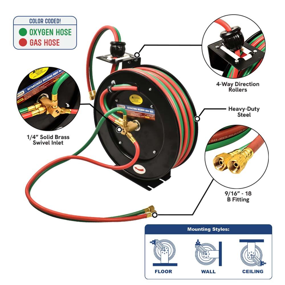 1/4" x 50FT Steel Retractable Grade R Rubber Twin Welding Hose