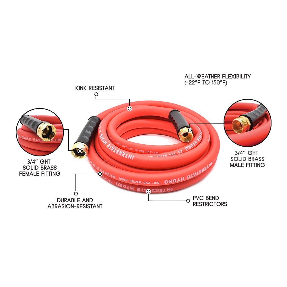 5/8" 25 ft Solid Red PVC Hose WP 200 PSI (3/4" GHT Male / GHT Female Fitting) 