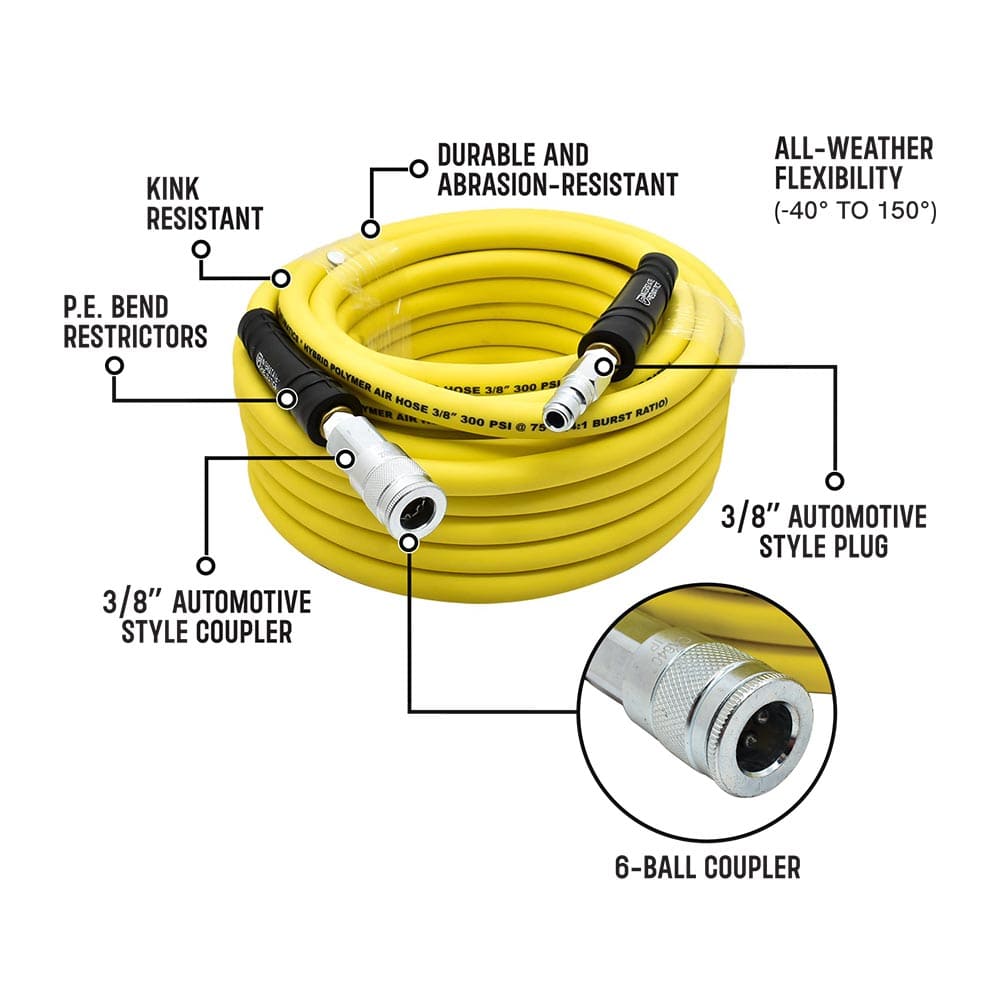 3/8" 100 ft Yellow Hybrid Polymer Hose With 1/4" Brass Industrial 6-Ball Coupler & Steel Plug - W06