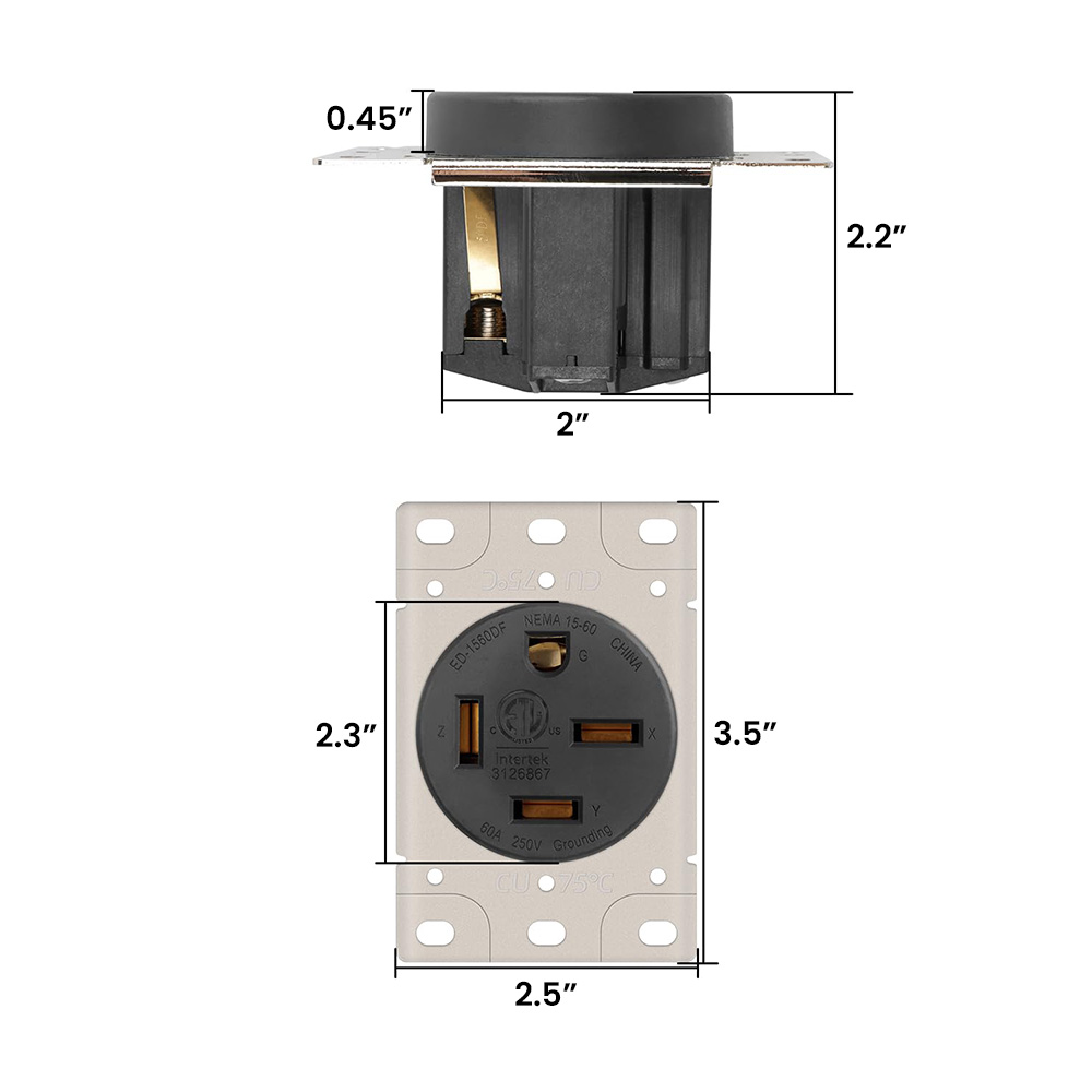 60A 250V NEMA 15-60R Flush Mount Power Outlet / Receptacle (Industrial Grade)