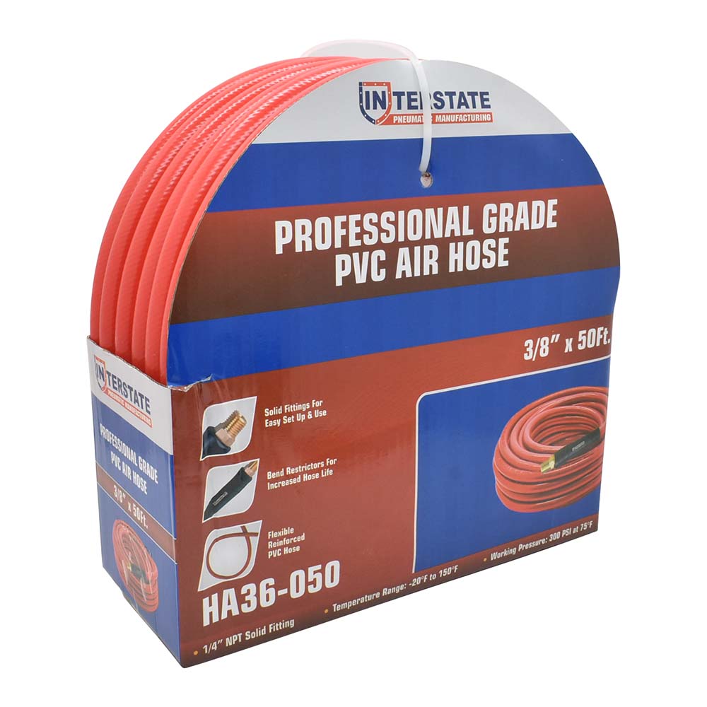 3/8" x 50 ft Red PVC Air Hose WP 300 PSI (1/4" NPT) Solid Fitting