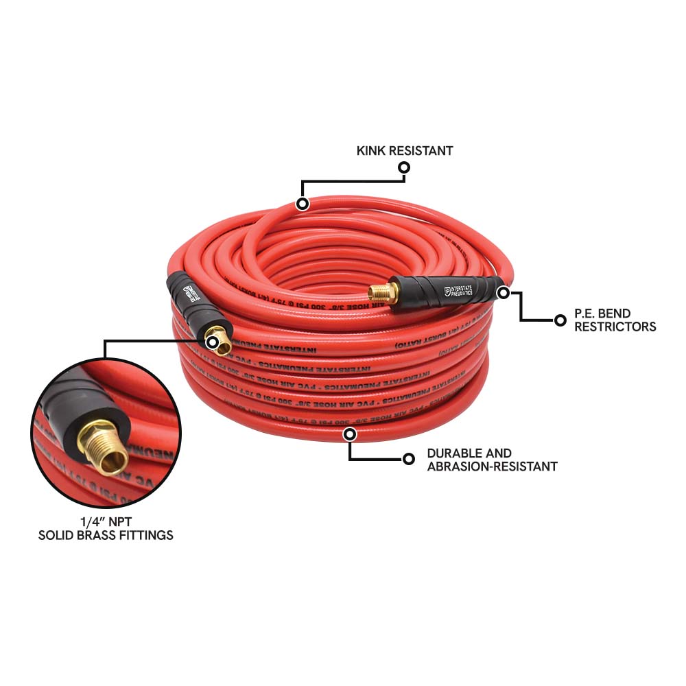 3/8" x 100 ft Red PVC Air Hose WP 300 PSI (1/4" NPT) Solid Fitting