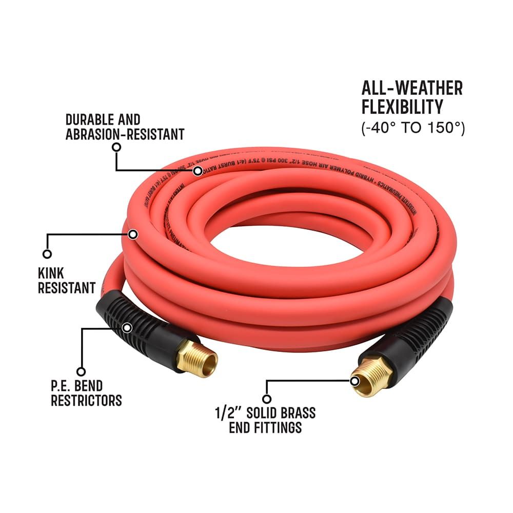 1/2" x 25 ft Rhino HybridFlex Red Hybrid Air Hose WP 200 PSI (1/2" NPT) Solid Fitting