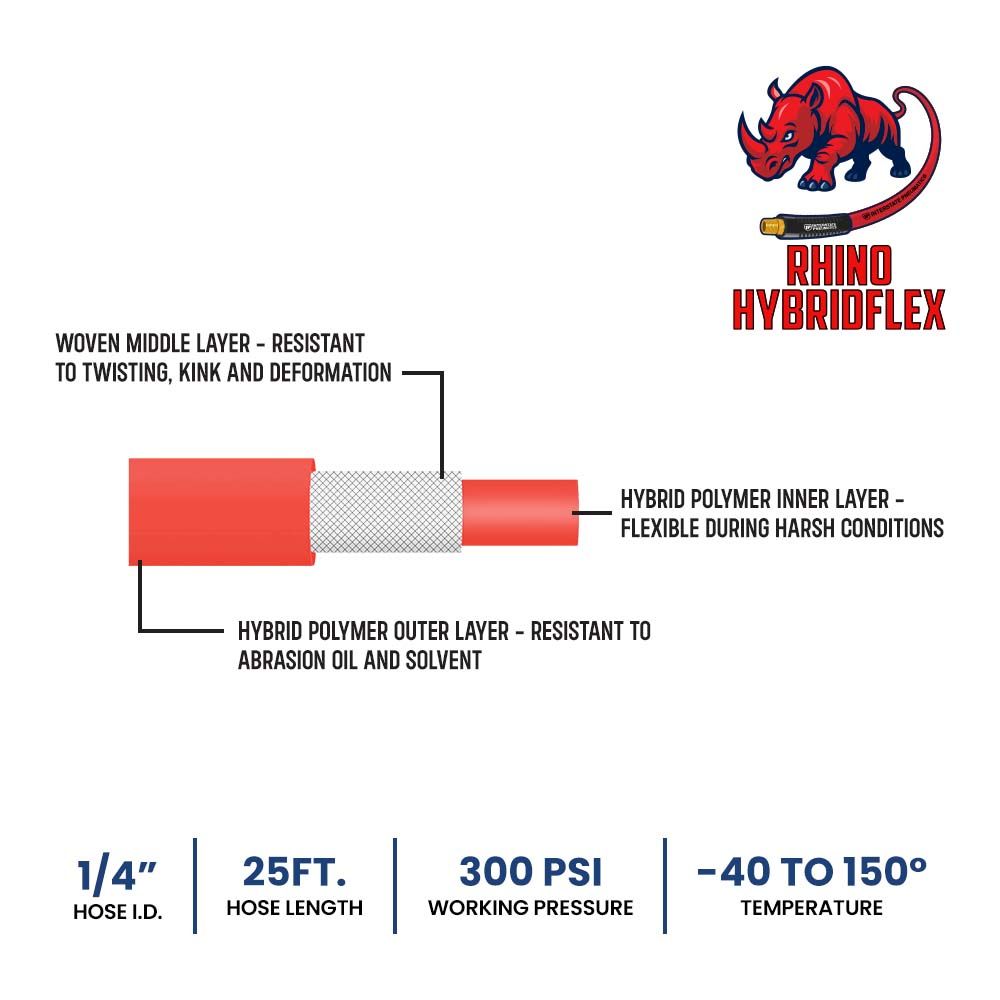 1/2" x 25 ft Rhino HybridFlex Red Hybrid Air Hose WP 200 PSI (1/2" NPT) Solid Fitting