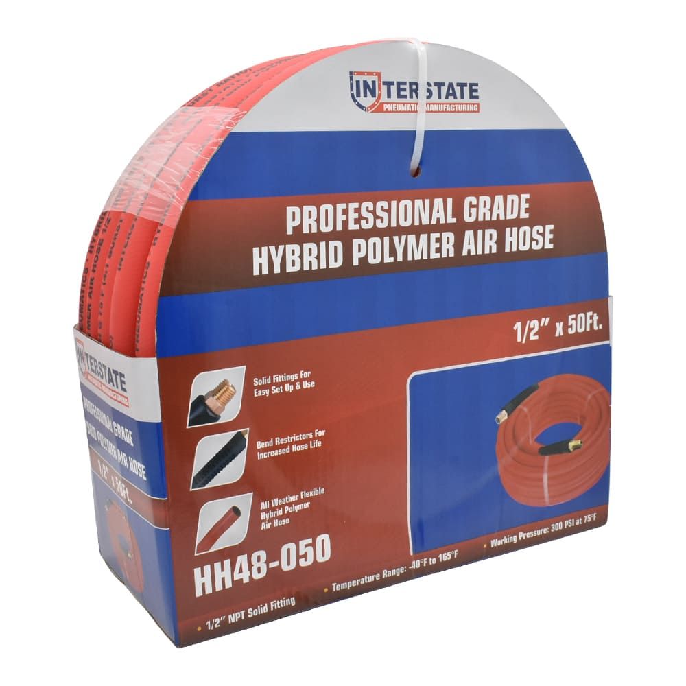 1/2" x 50 ft Rhino HybridFlex Red Hybrid Air Hose WP 200 PSI (1/2" NPT) Solid Fitting