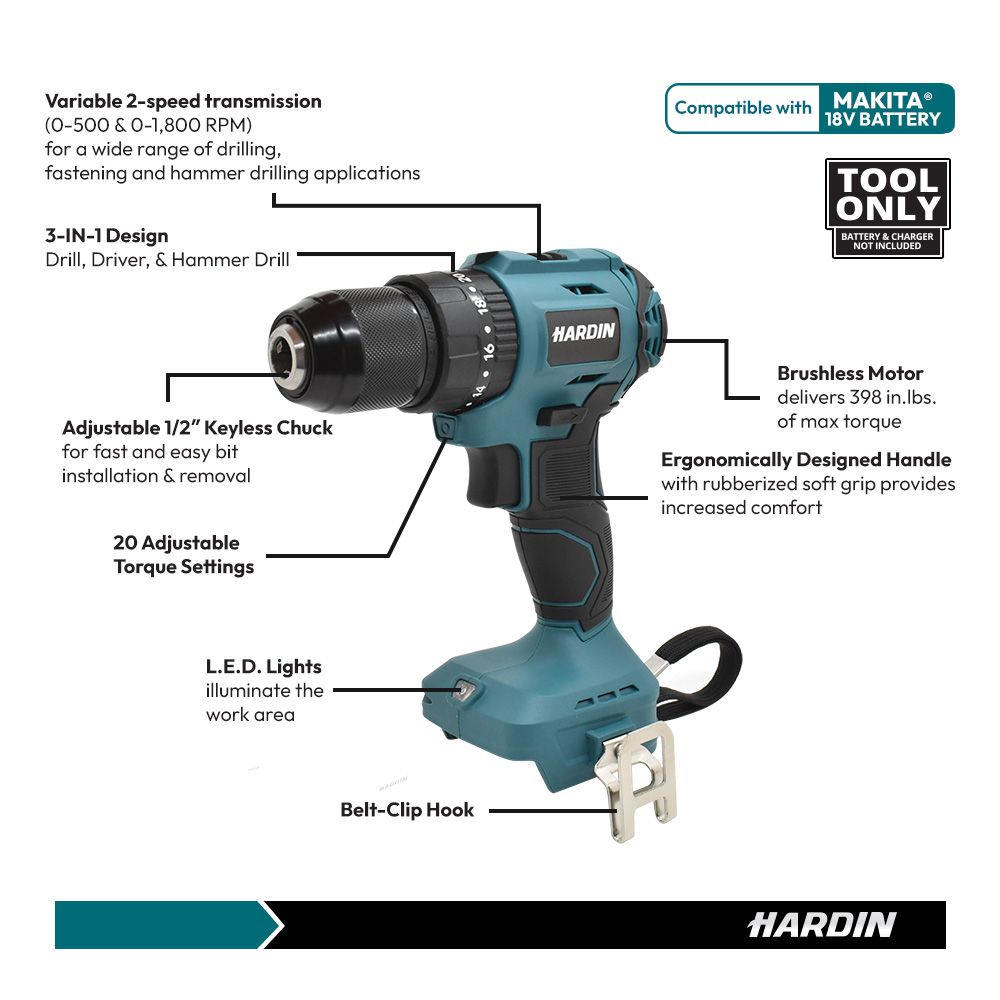 18V Cordless Brushless 3-in-1 Driver Drill - TOOL ONLY