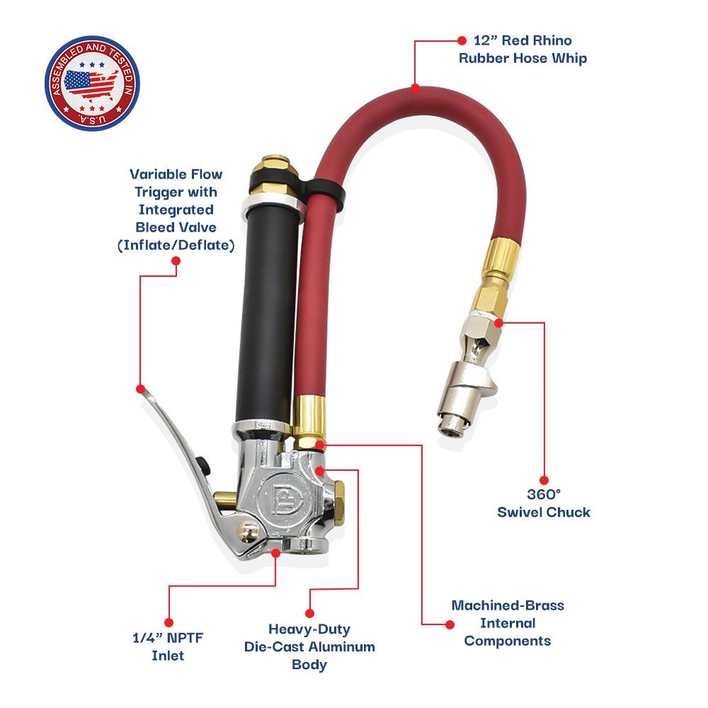 Heavy-Duty Tire Inflator TF5000 With T42 Lock-On Chuck – 12” Rhino Rubber Hose