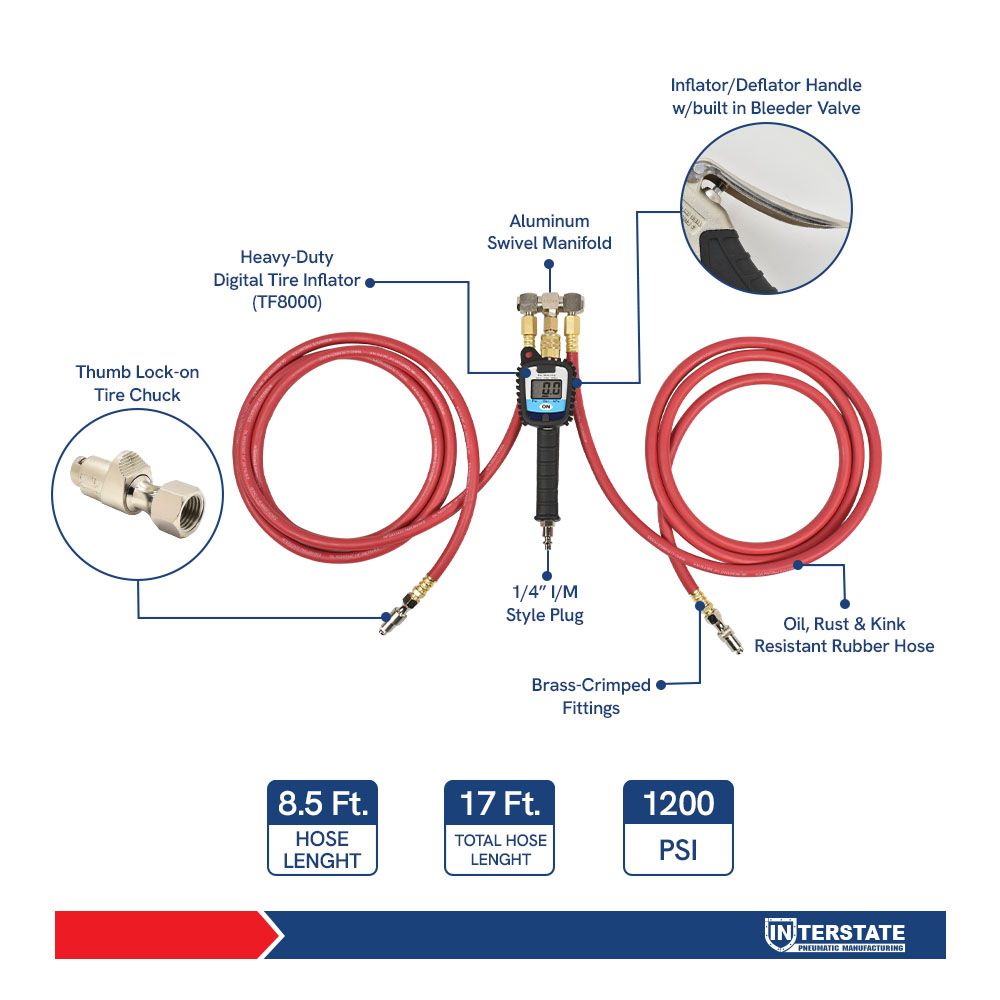 17ft Long Hybrid Hose Tire Inflator Extension with Digital Gauge & Locking Tire Air Chuck on Both Ends