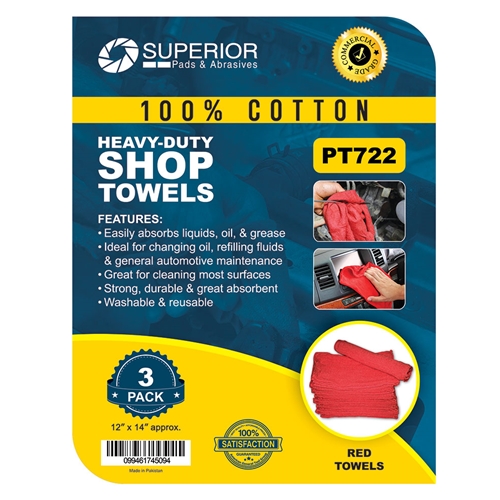 Red Shop Towel 12" x 14" - 100% cotton 3pc/pk - W03
