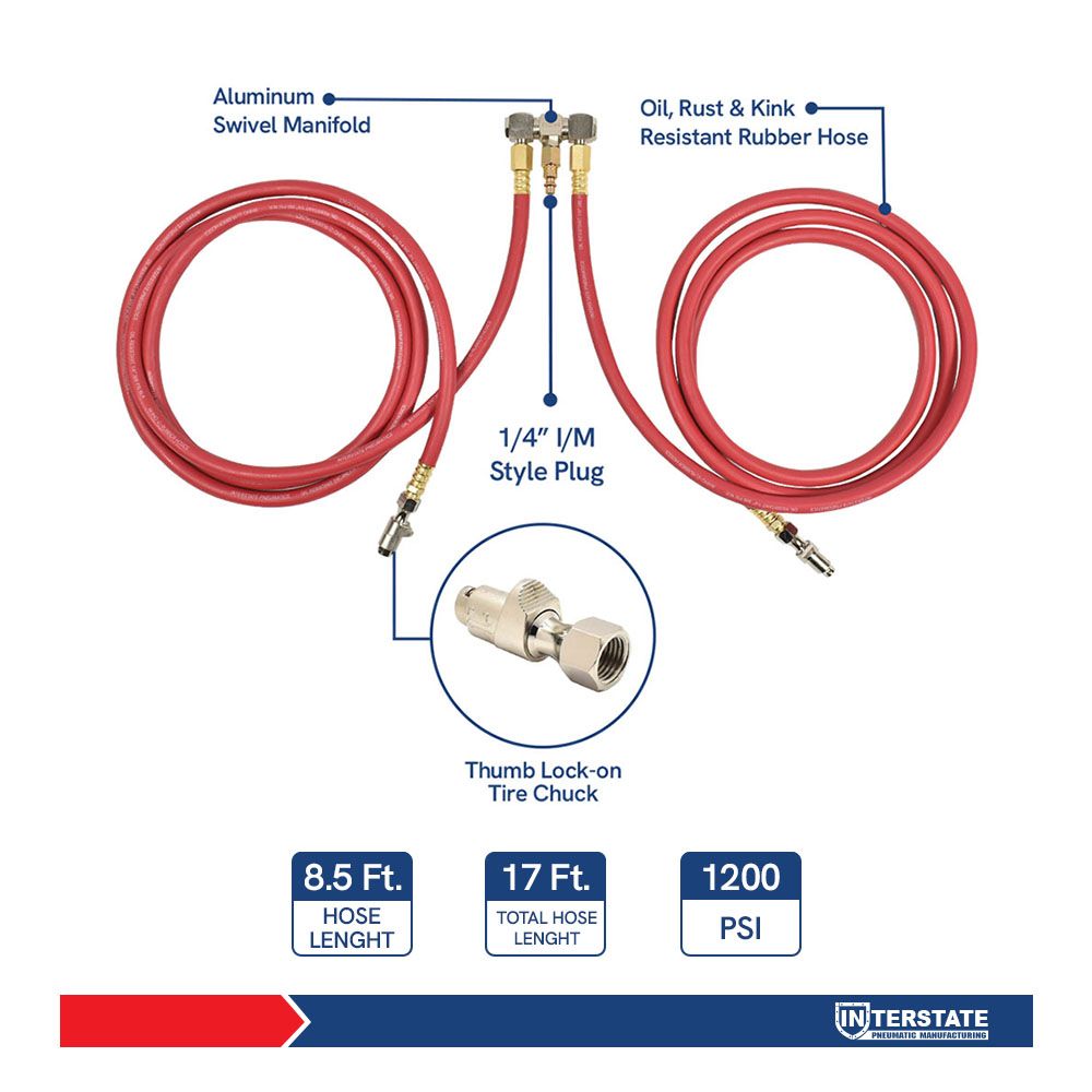17ft Long Hybrid Hose Tire Inflator Extension with Locking Tire Air Chuck on Both Ends