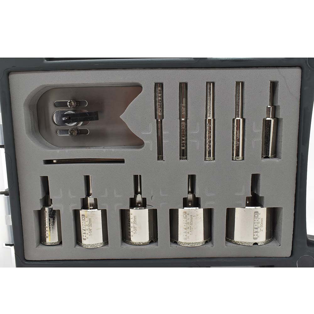 Large Drill Bit Kit. Includes 10 Electroplated Bits. 6mm, 8mm, 10mm, 12mm,18mm, 25mm, 32mm, 35mm, 40mm, 50mm and Clamp Drill Bit Guide
