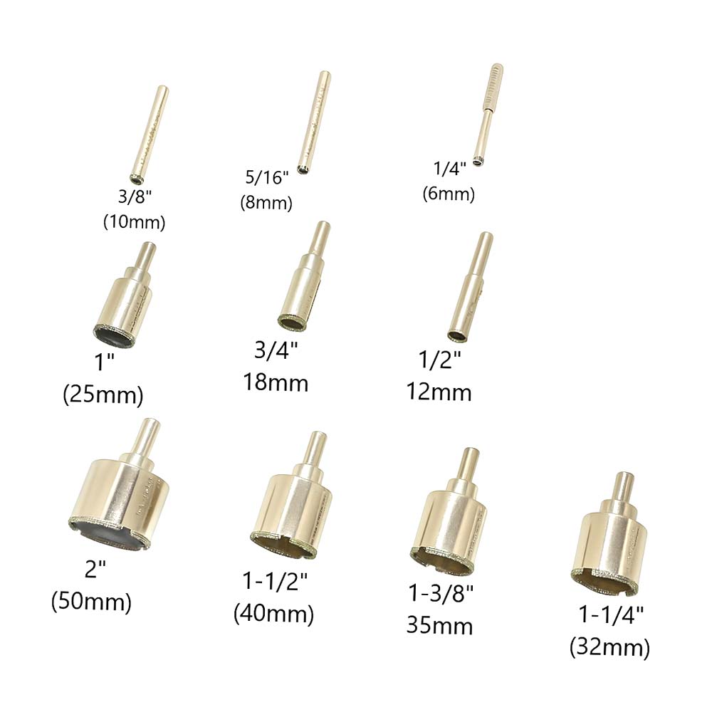 Large Drill Bit Kit. Includes 10 Electroplated Bits. 6mm, 8mm, 10mm, 12mm,18mm, 25mm, 32mm, 35mm, 40mm, 50mm and Clamp Drill Bit Guide
