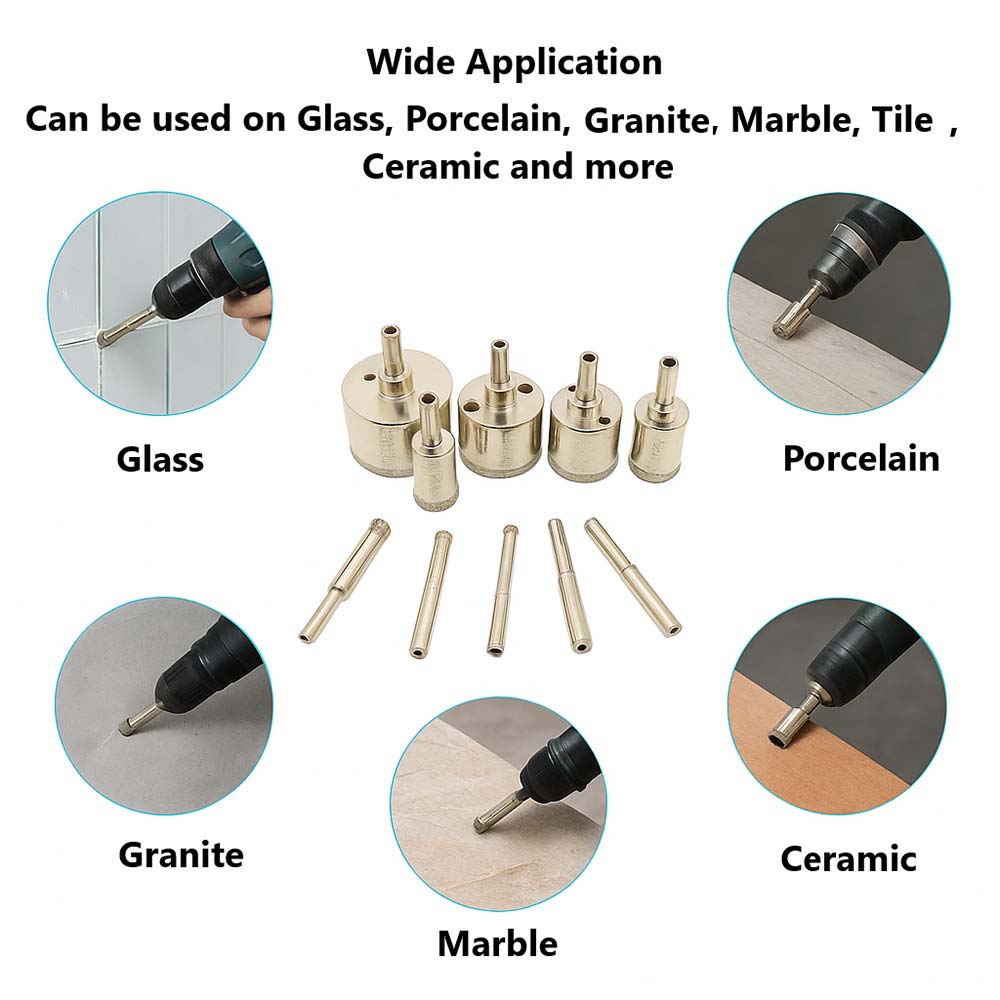Large Drill Bit Kit. Includes 10 Electroplated Bits. 6mm, 8mm, 10mm, 12mm,18mm, 25mm, 32mm, 35mm, 40mm, 50mm and Clamp Drill Bit Guide
