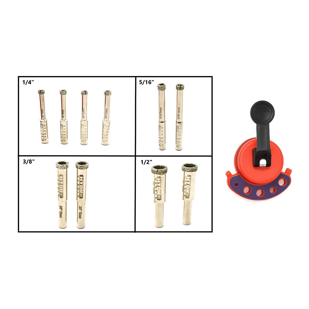 Small Drill Bit Kit. Includes 10 Electroplated Bits. 2 ea 6mm, 2 ea 6.5mm, 2 ea 8mm, 2 ea 10mm, 2 ea 12mm and One Clamp Drill Bit Guide
