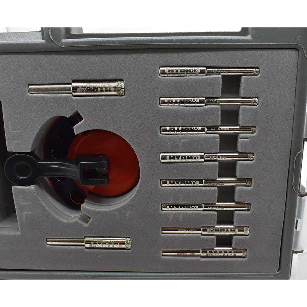 Small Drill Bit Kit. Includes 10 Electroplated Bits. 2 ea 6mm, 2 ea 6.5mm, 2 ea 8mm, 2 ea 10mm, 2 ea 12mm and One Clamp Drill Bit Guide
