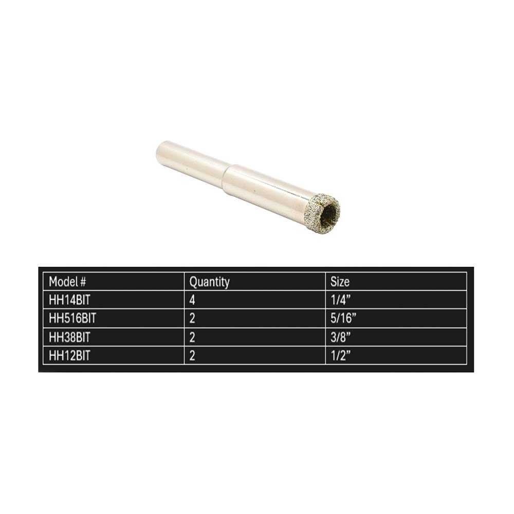 Small Drill Bit Kit. Includes 10 Electroplated Bits. 2 ea 6mm, 2 ea 6.5mm, 2 ea 8mm, 2 ea 10mm, 2 ea 12mm and One Clamp Drill Bit Guide
