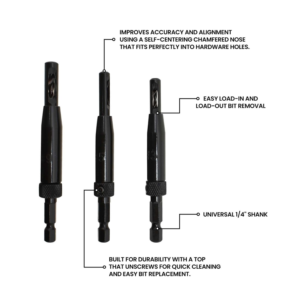 #3, #5, #9  VIX-BIT - 5/64" , 7/64" , 9/64" Self-Centering  Hinge Bit with 1/4" Hex Shank Includes Extra Drill Bits & Hex Key (QS-H-09)