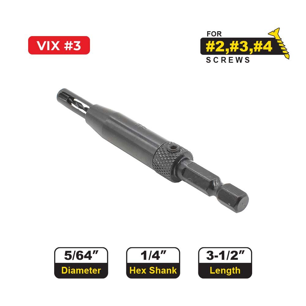 #3, #5, #9  VIX-BIT - 5/64" , 7/64" , 9/64" Self-Centering  Hinge Bit with 1/4" Hex Shank Includes Extra Drill Bits & Hex Key (QS-H-09)