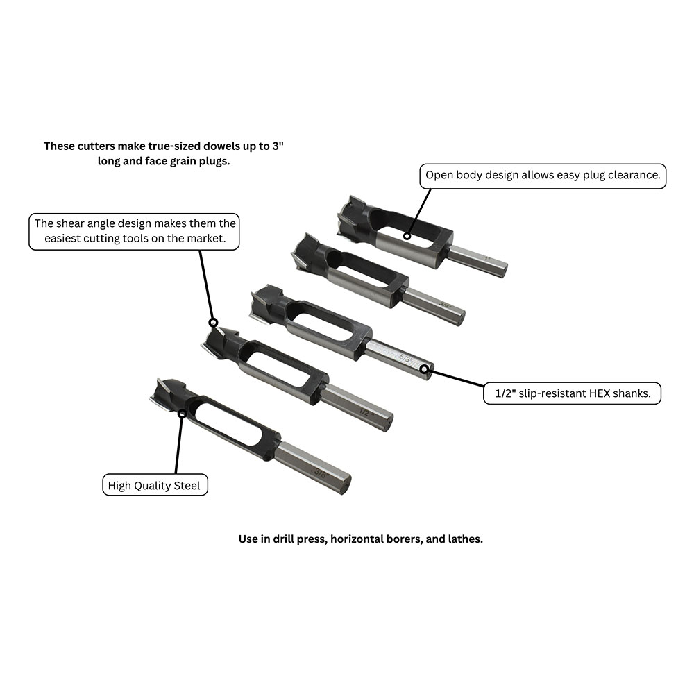 5pc Tenon Cutter Set (3/8",1/2",5/8",3/4",1") ,HEX Shank (I)