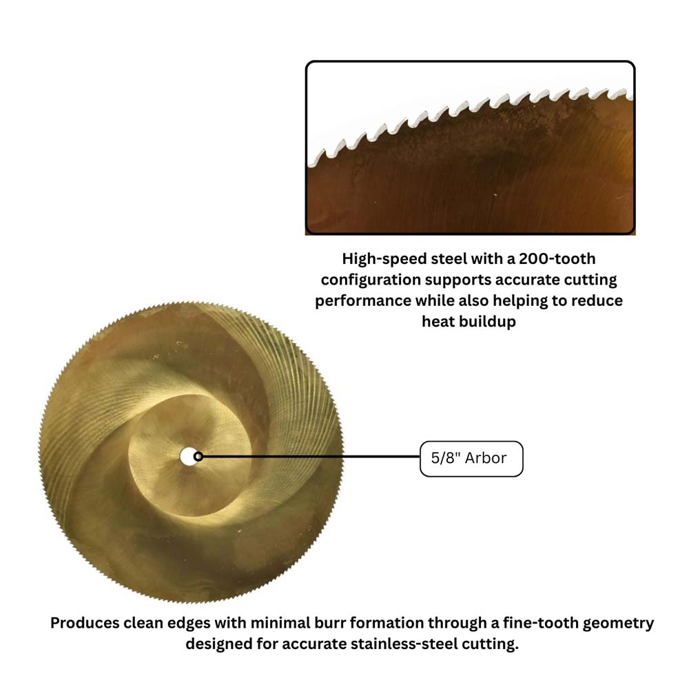 10" Dia, HSS 200 Teeth, 5/8" Arbor, Kerf 0.078", Plate Thickness 0.078", Teeth Thickness 0.078" 1500RPM