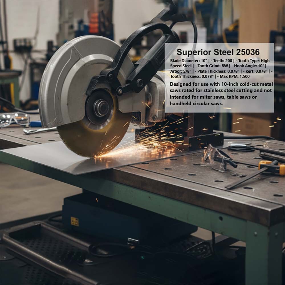 10" Dia, HSS 200 Teeth, 5/8" Arbor, Kerf 0.078", Plate Thickness 0.078", Teeth Thickness 0.078" 1500RPM