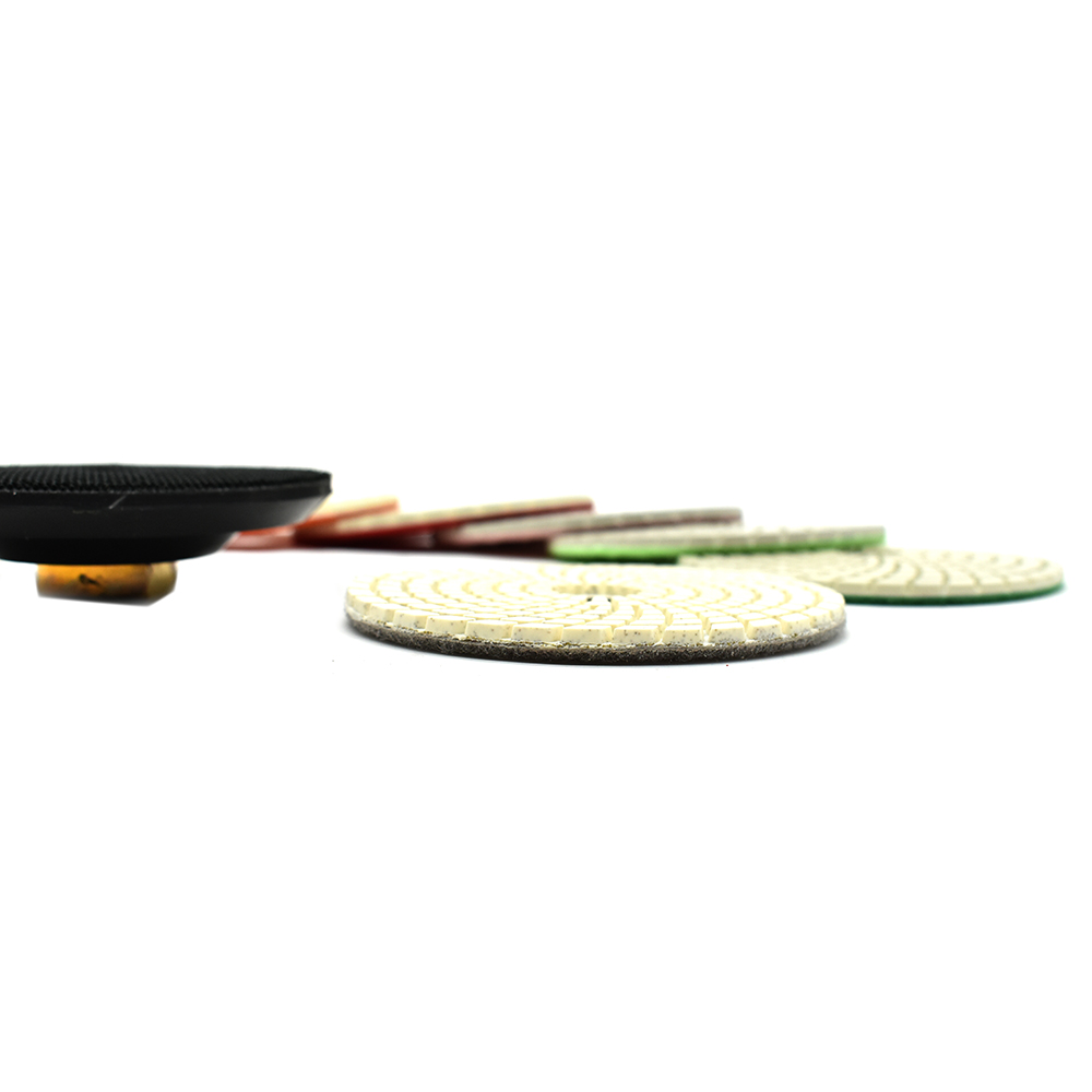 4" Diamond Polishing Pad Set Includes: 50, 100, 200, 400, 800, 1500, 3000 Grit & Includes Rubber Hook & Loop Backing Pad
