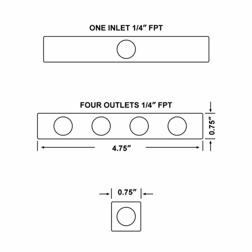 1/4" FPT Aluminum Rectangle Pencil Manifold - 1 inlet - 4 Outlets - Single Display Pack - W02