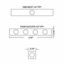 1/4" FPT Aluminum Rectangle Pencil Manifold - 1 inlet - 4 Outlets - 25 Pack Bulk - W02