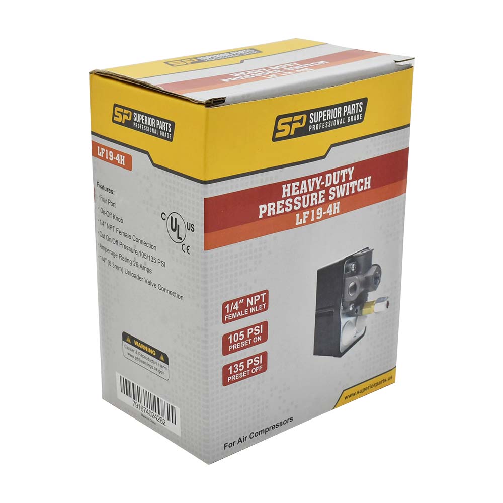 Pressure Switch - 135-175 PSI Four Port 1/4 NPT Female, 6.4 Mm Vertical Brass Unloader Valve With On – Off Knob