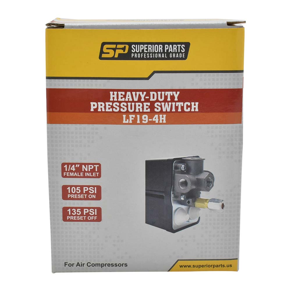 Pressure Switch - 105-135 PSI Four Port 1/4 NPT Female, 6.4 Mm Vertical Brass Unloader Valve With On – Off Knob