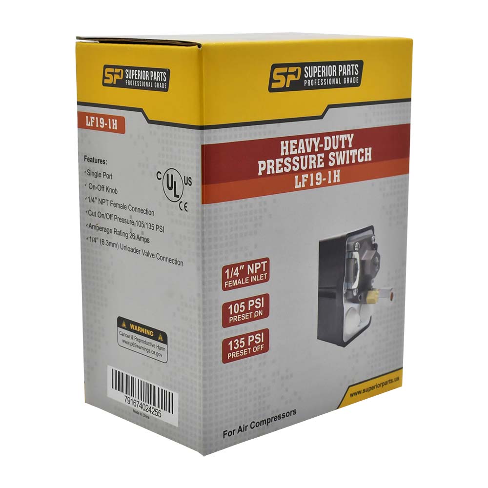 Pressure Switch - 105-135 PSI Single Port 1/4 NPT Female, 6.4 Mm Vertical Brass Unloader Valve With On – Off Knob
