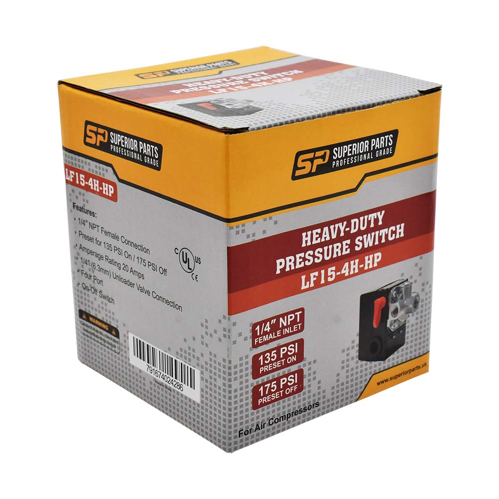 Pressure Switch - 135-175 PSI Four Port 1/4 NPT Female, 6.4 Mm Vertical Brass Unloader Valve With On – Off Lever