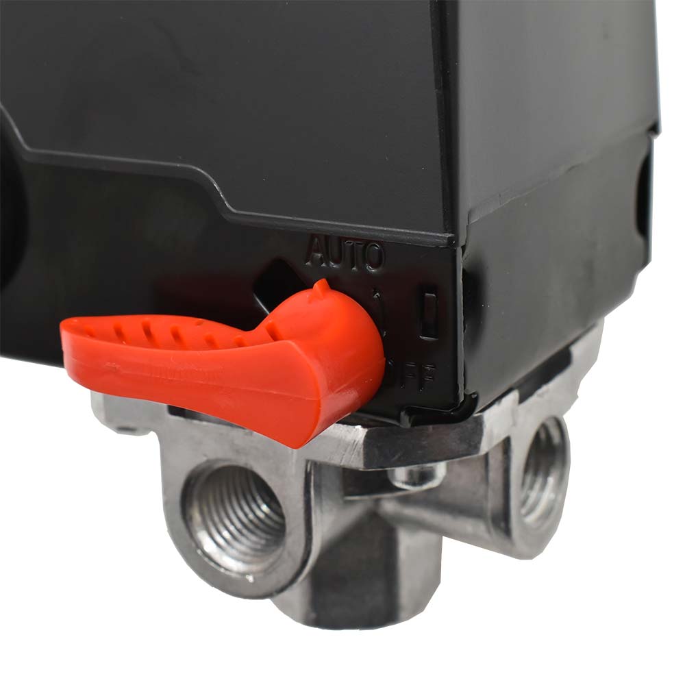 Pressure Switch - 105-135 PSI Four Port 1/4 NPT Female, 6.4 Mm Vertical Brass Unloader Valve With On – Off Lever